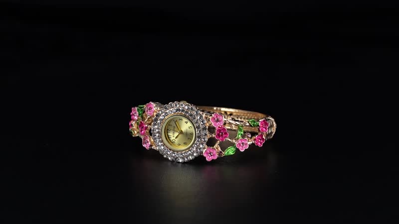 Strada Multi Color Crystal and Enameled Japanese Movement Cherry Blossom Bangle Bracelet Watch in Goldtone