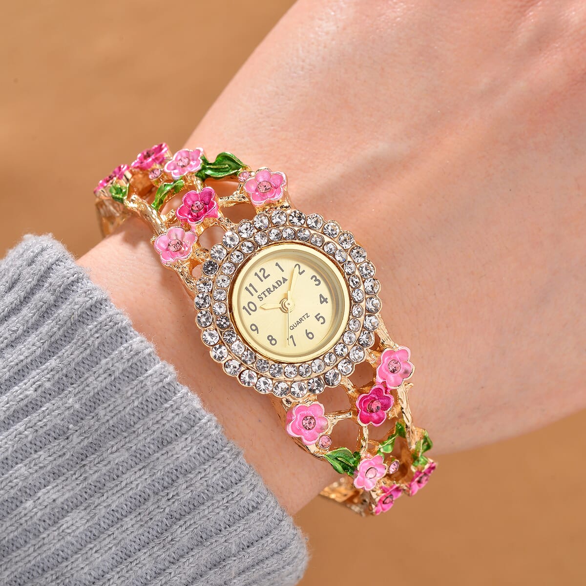 Strada Multi Color Crystal and Enameled Japanese Movement Cherry Blossom Bangle Bracelet Watch in Goldtone image number 1
