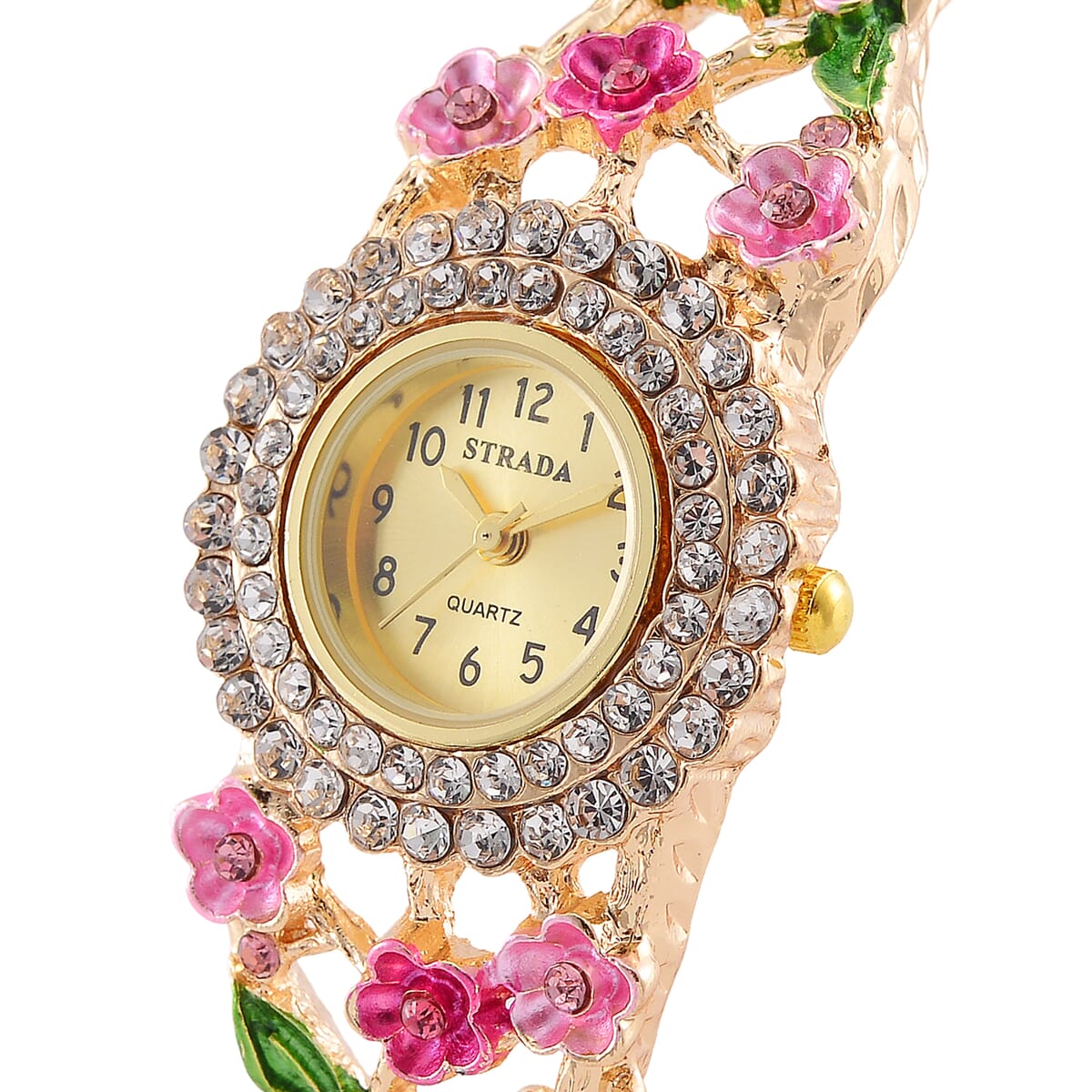 Strada Multi Color Crystal and Enameled Japanese Movement Cherry Blossom Bangle Bracelet Watch in Goldtone image number 2
