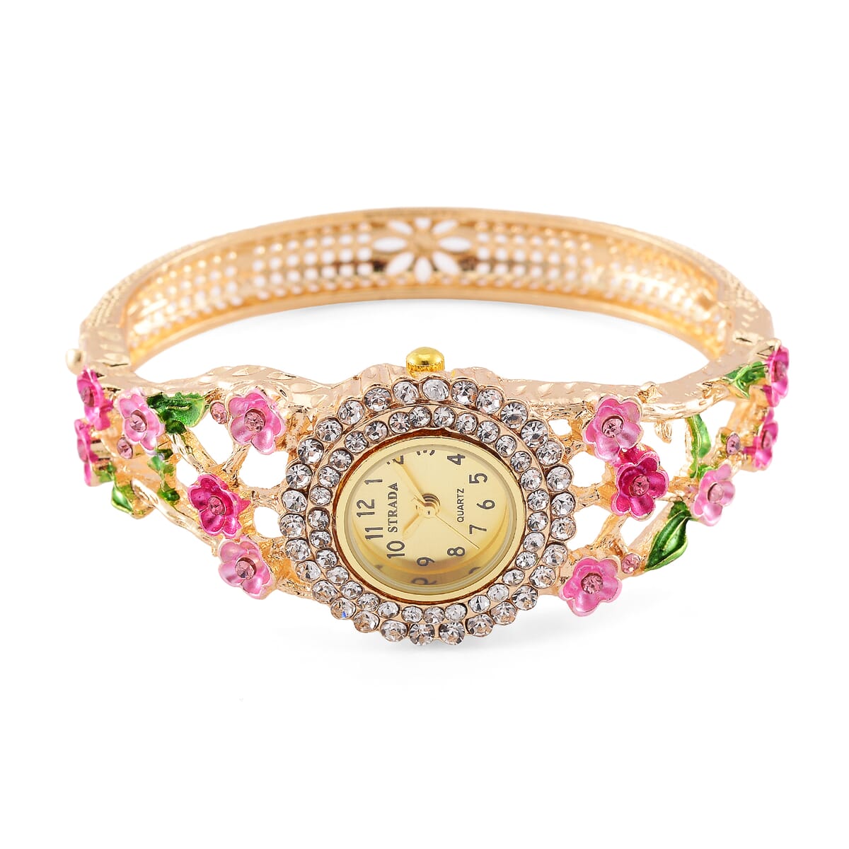 Strada Multi Color Crystal and Enameled Japanese Movement Cherry Blossom Bangle Bracelet Watch in Goldtone image number 3