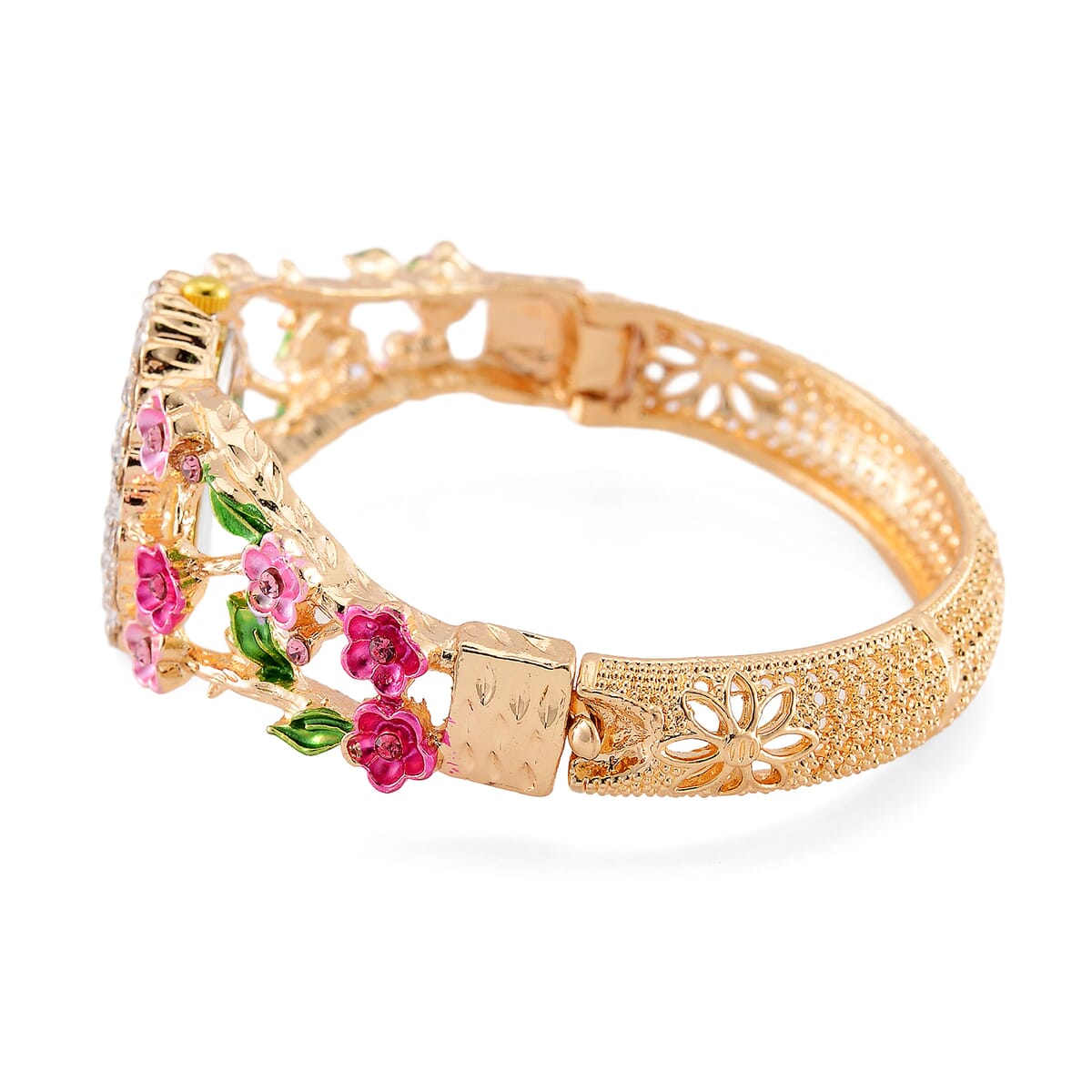 Strada Multi Color Crystal and Enameled Japanese Movement Cherry Blossom Bangle Bracelet Watch in Goldtone image number 4