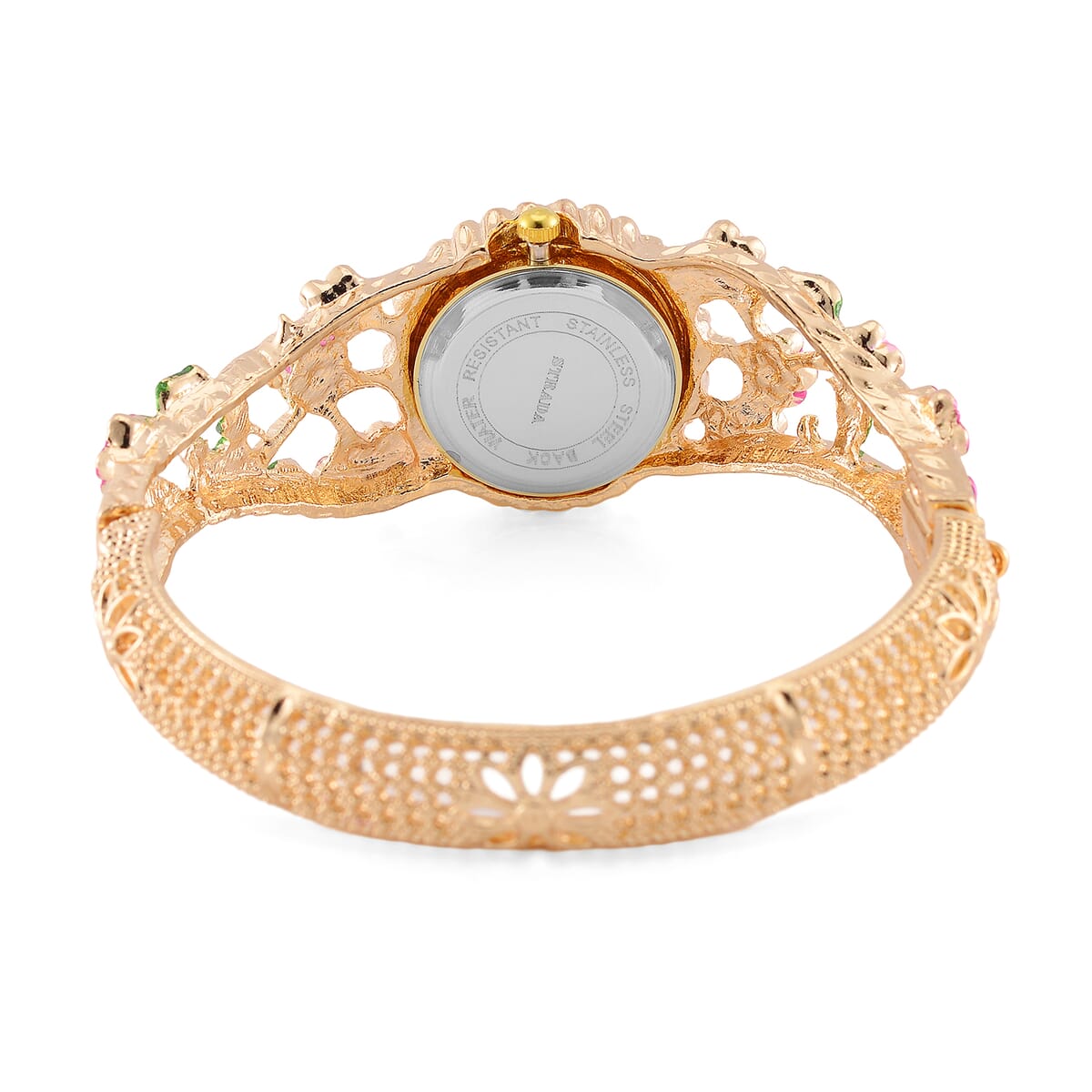 Strada Multi Color Crystal and Enameled Japanese Movement Cherry Blossom Bangle Bracelet Watch in Goldtone image number 5