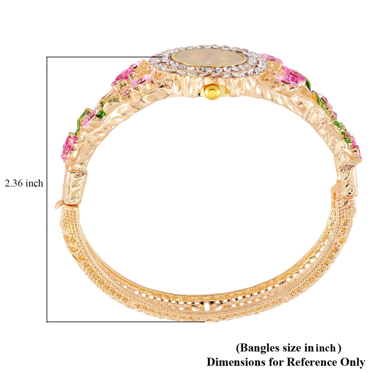 Strada Multi Color Crystal and Enameled Japanese Movement Cherry Blossom Bangle Bracelet Watch in Goldtone image number 6