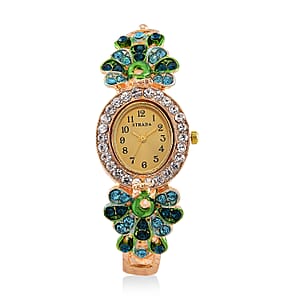 Strada Multi Color Crystal and Enameled Japanese Movement Peacock Bangle Bracelet Watch in Goldtone