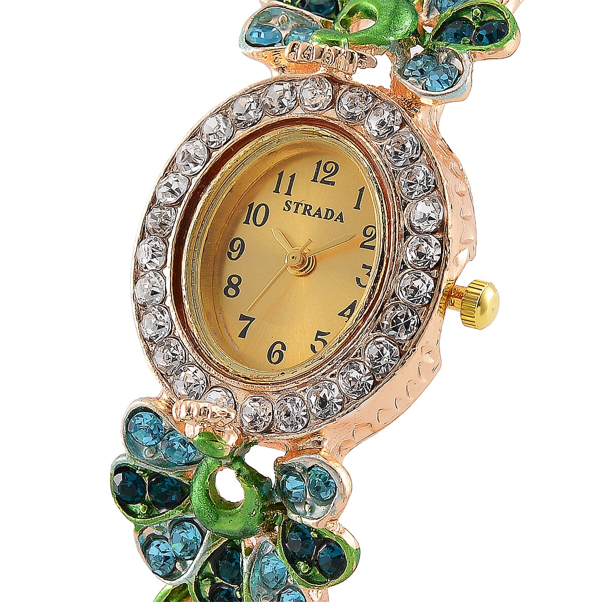 Strada Multi Color Crystal and Enameled Japanese Movement Peacock Bangle Bracelet Watch in Goldtone image number 2