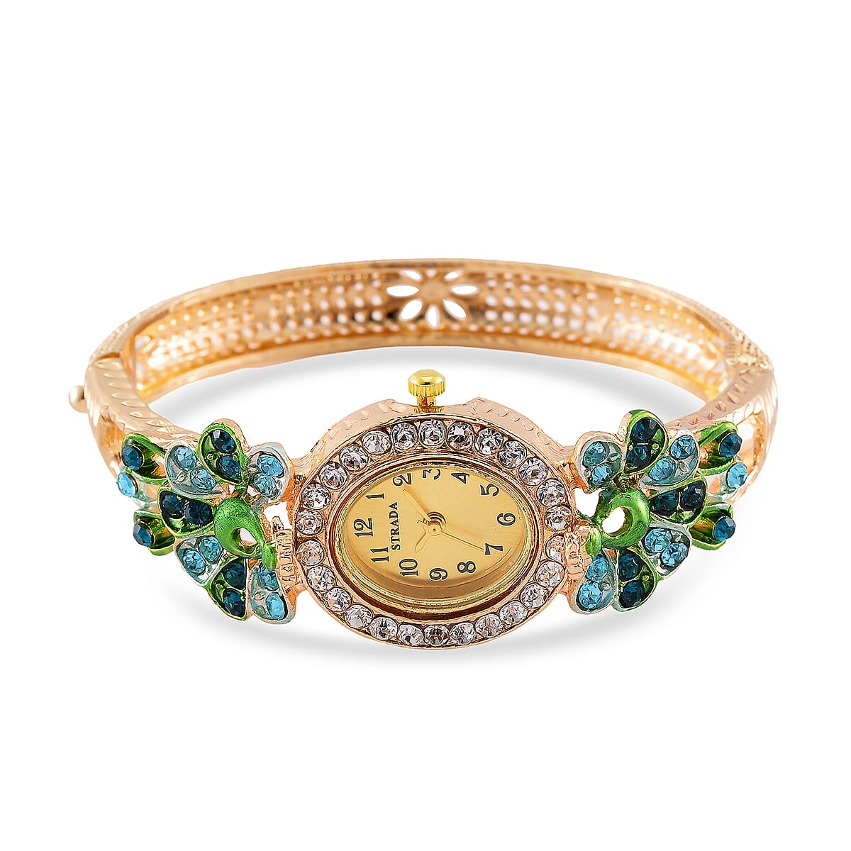 Strada Multi Color Crystal and Enameled Japanese Movement Peacock Bangle Bracelet Watch in Goldtone image number 3