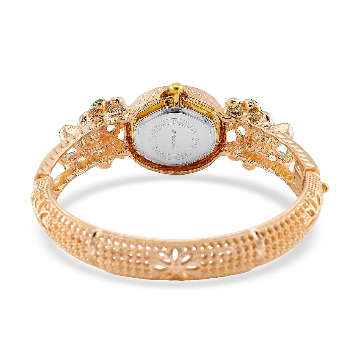 Strada Multi Color Crystal and Enameled Japanese Movement Peacock Bangle Bracelet Watch in Goldtone image number 5