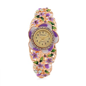 Strada Multi Color Crystal and Enameled Japanese Movement Lilac Blossom Bangle Bracelet Watch in Goldtone