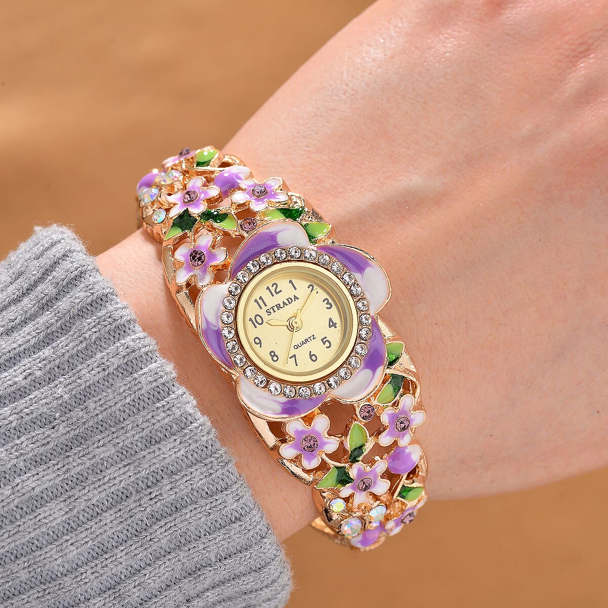 Strada Multi Color Crystal and Enameled Japanese Movement Lilac Blossom Bangle Bracelet Watch in Goldtone image number 1