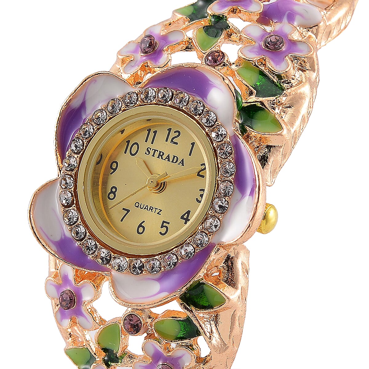 Strada Multi Color Crystal and Enameled Japanese Movement Lilac Blossom Bangle Bracelet Watch in Goldtone image number 2