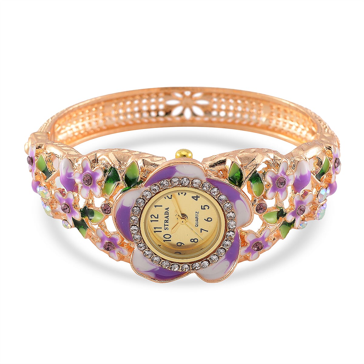 Strada Multi Color Crystal and Enameled Japanese Movement Lilac Blossom Bangle Bracelet Watch in Goldtone image number 3