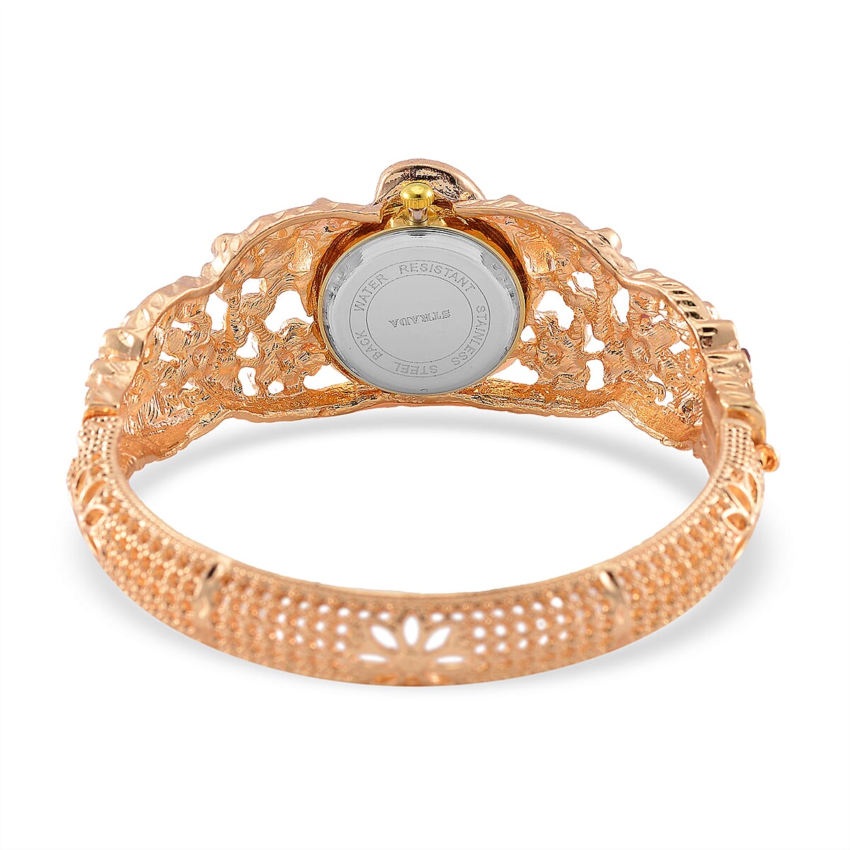 Strada Multi Color Crystal and Enameled Japanese Movement Lilac Blossom Bangle Bracelet Watch in Goldtone image number 5