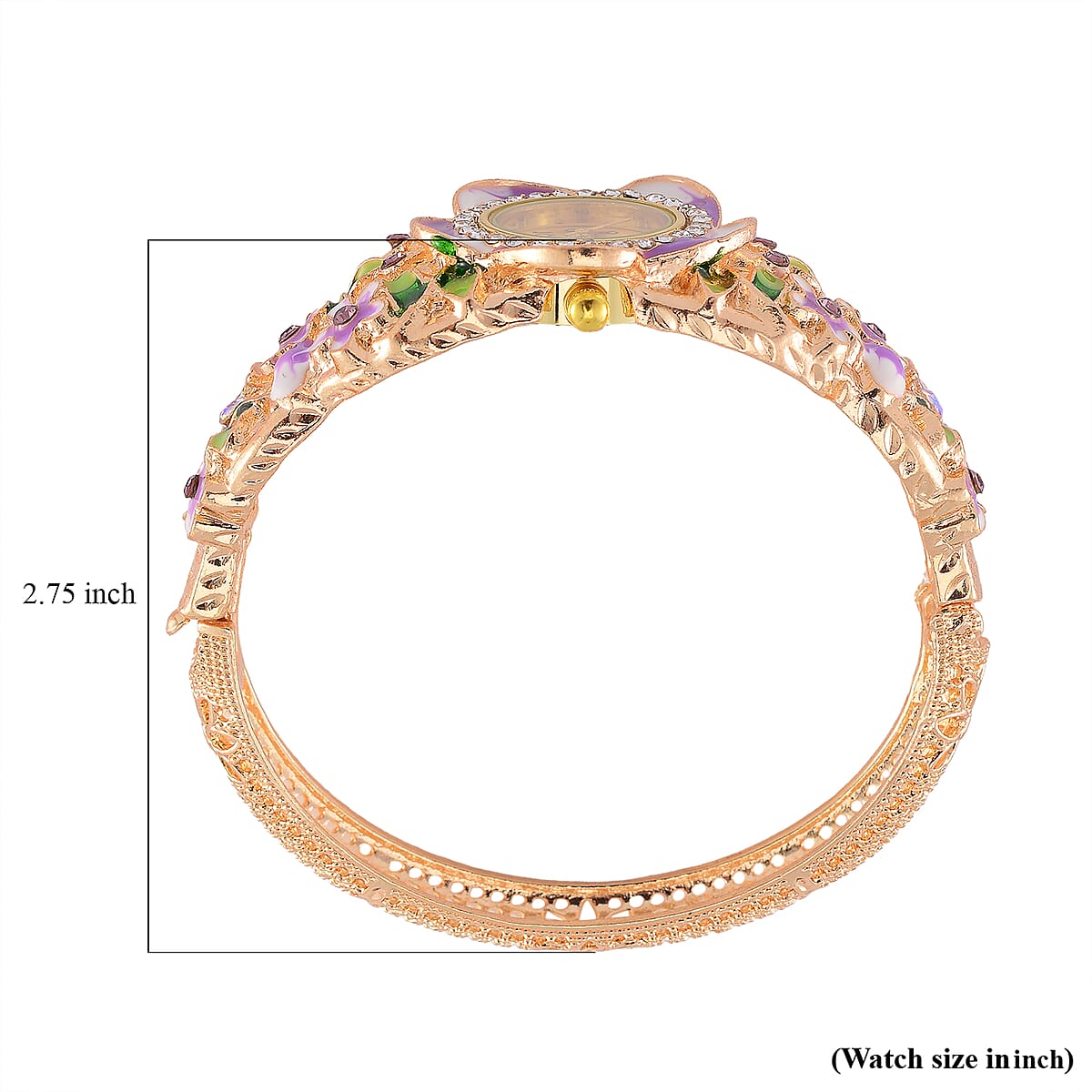 Strada Multi Color Crystal and Enameled Japanese Movement Lilac Blossom Bangle Bracelet Watch in Goldtone image number 6