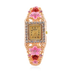 Strada Multi Color Crystal and Enameled Japanese Movement Pink Floral Bangle Bracelet Watch in Goldtone