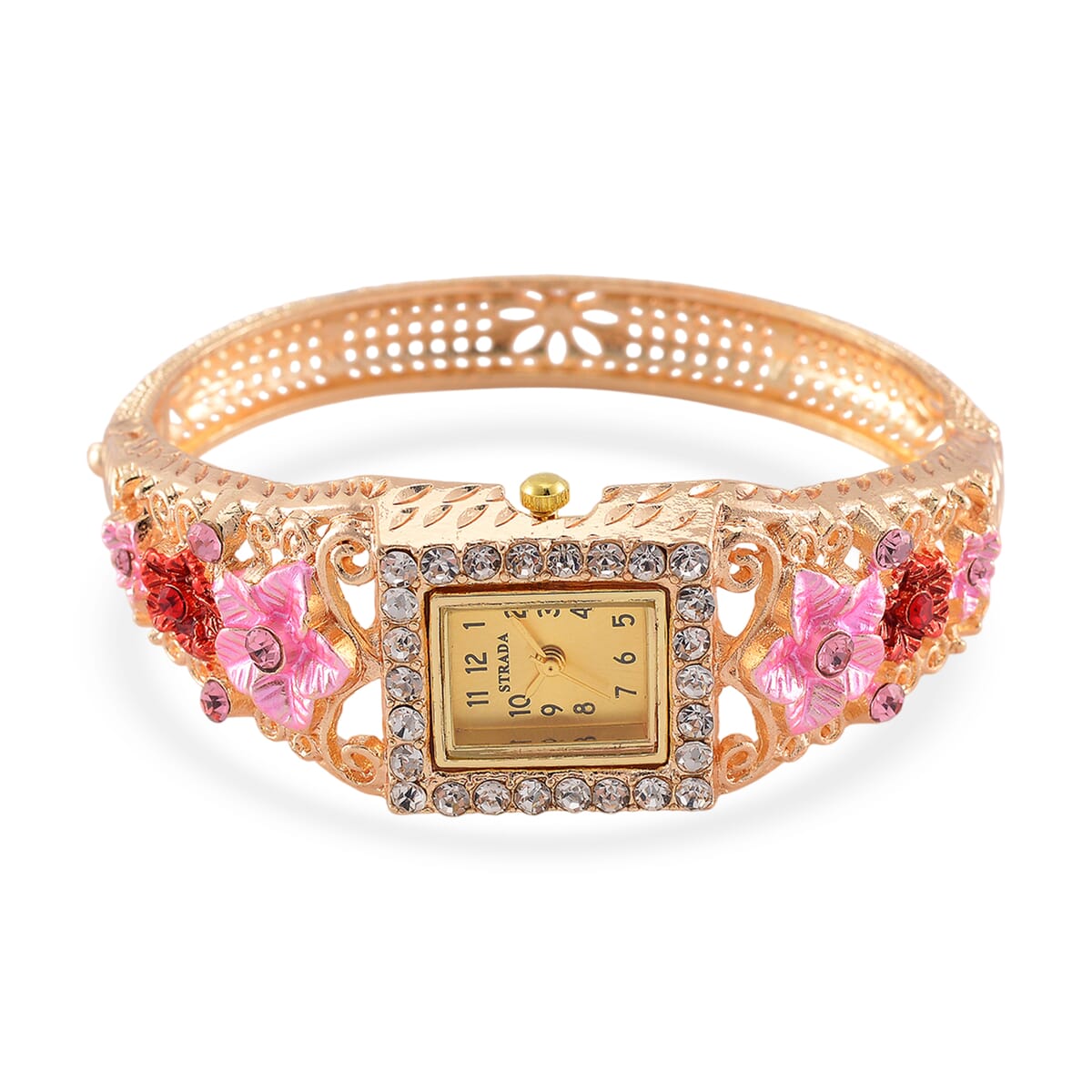 Strada Multi Color Crystal and Enameled Japanese Movement Pink Floral Bangle Bracelet Watch in Goldtone image number 3
