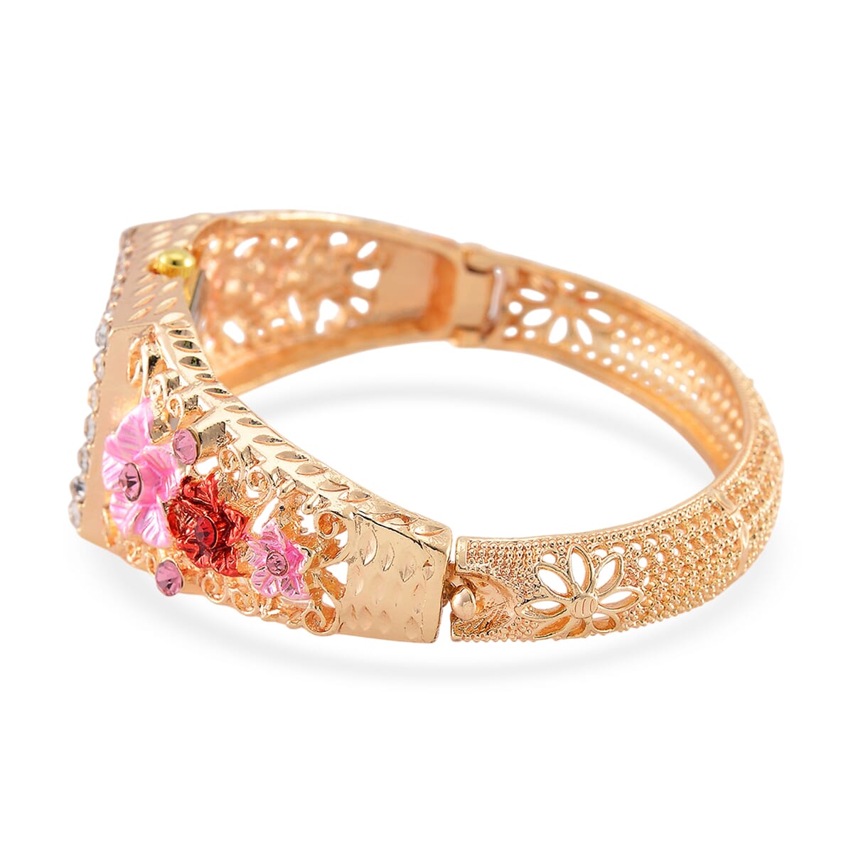Strada Multi Color Crystal and Enameled Japanese Movement Pink Floral Bangle Bracelet Watch in Goldtone image number 4