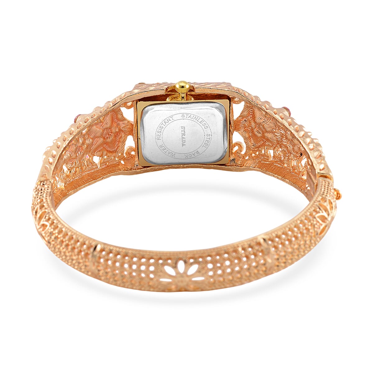 Strada Multi Color Crystal and Enameled Japanese Movement Pink Floral Bangle Bracelet Watch in Goldtone image number 5