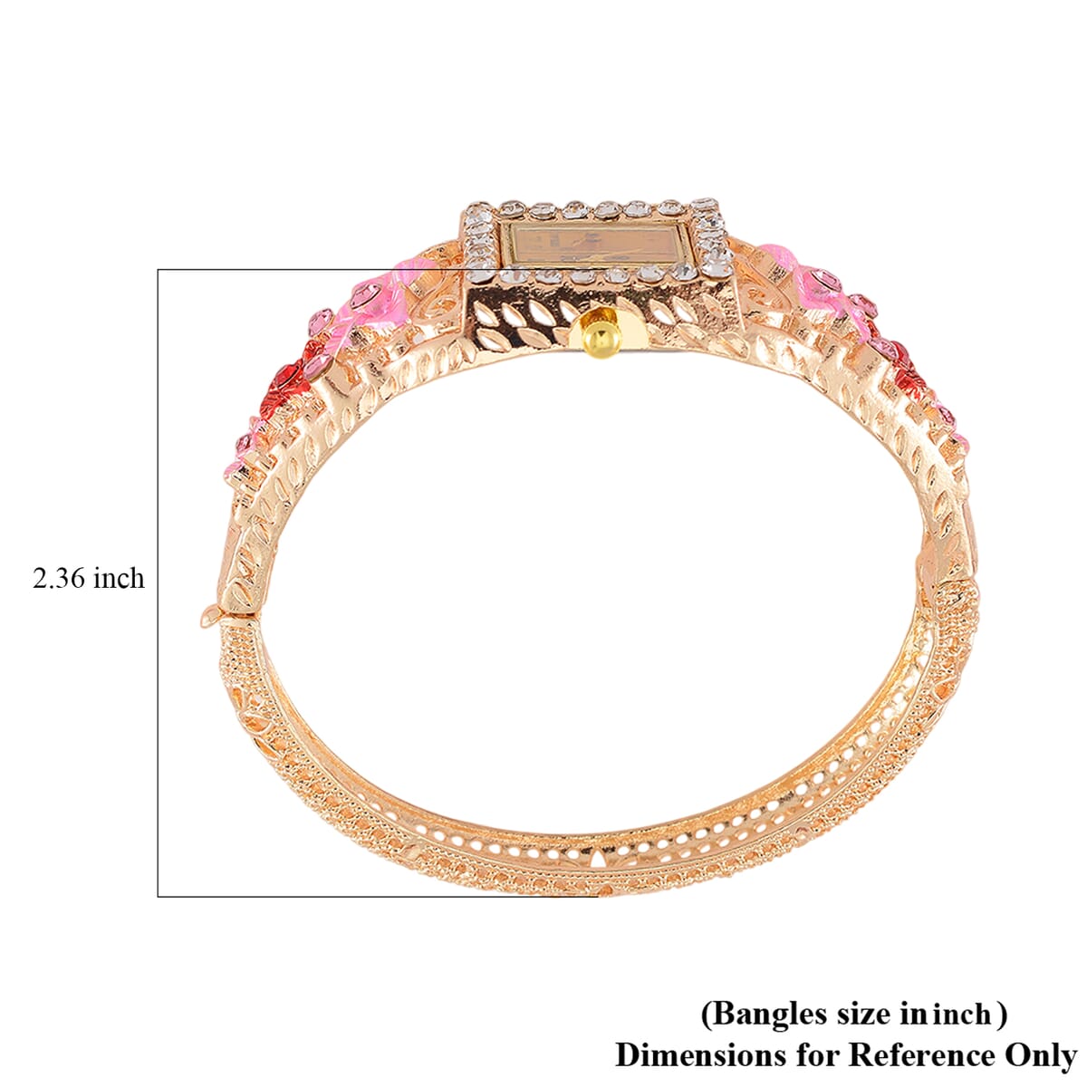 Strada Multi Color Crystal and Enameled Japanese Movement Pink Floral Bangle Bracelet Watch in Goldtone image number 6