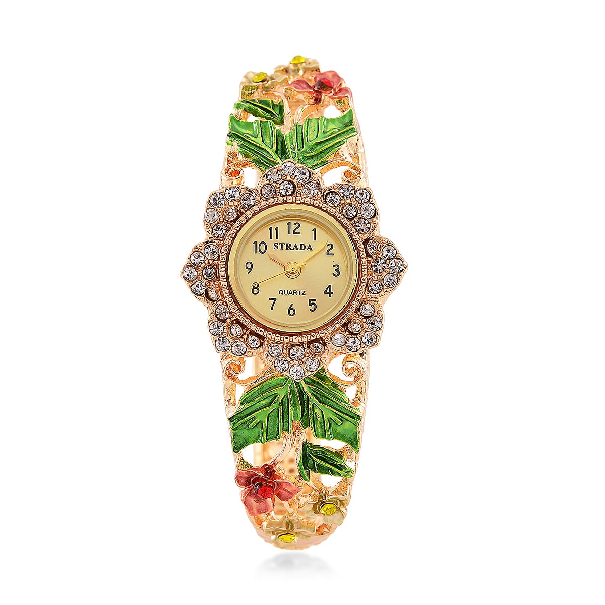 Strada Multi Color Crystal and Enameled Japanese Movement Green Floral Bangle Bracelet Watch in Goldtone image number 0