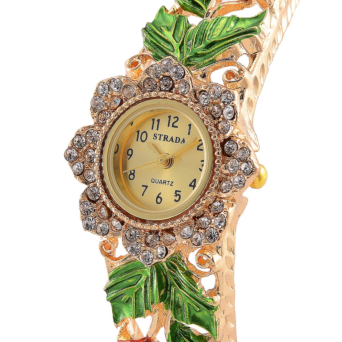 Strada Multi Color Crystal and Enameled Japanese Movement Green Floral Bangle Bracelet Watch in Goldtone image number 2