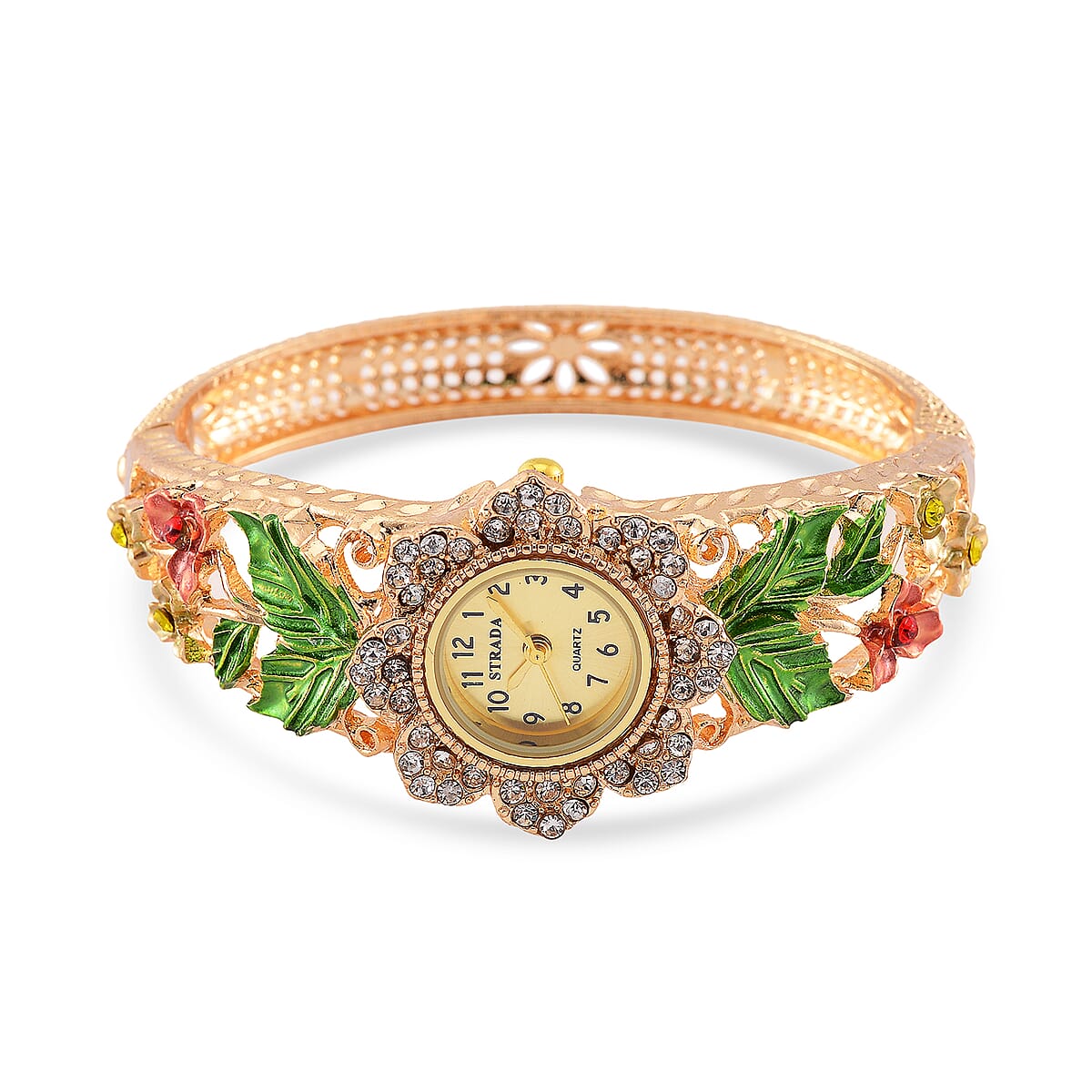 Strada Multi Color Crystal and Enameled Japanese Movement Green Floral Bangle Bracelet Watch in Goldtone image number 3