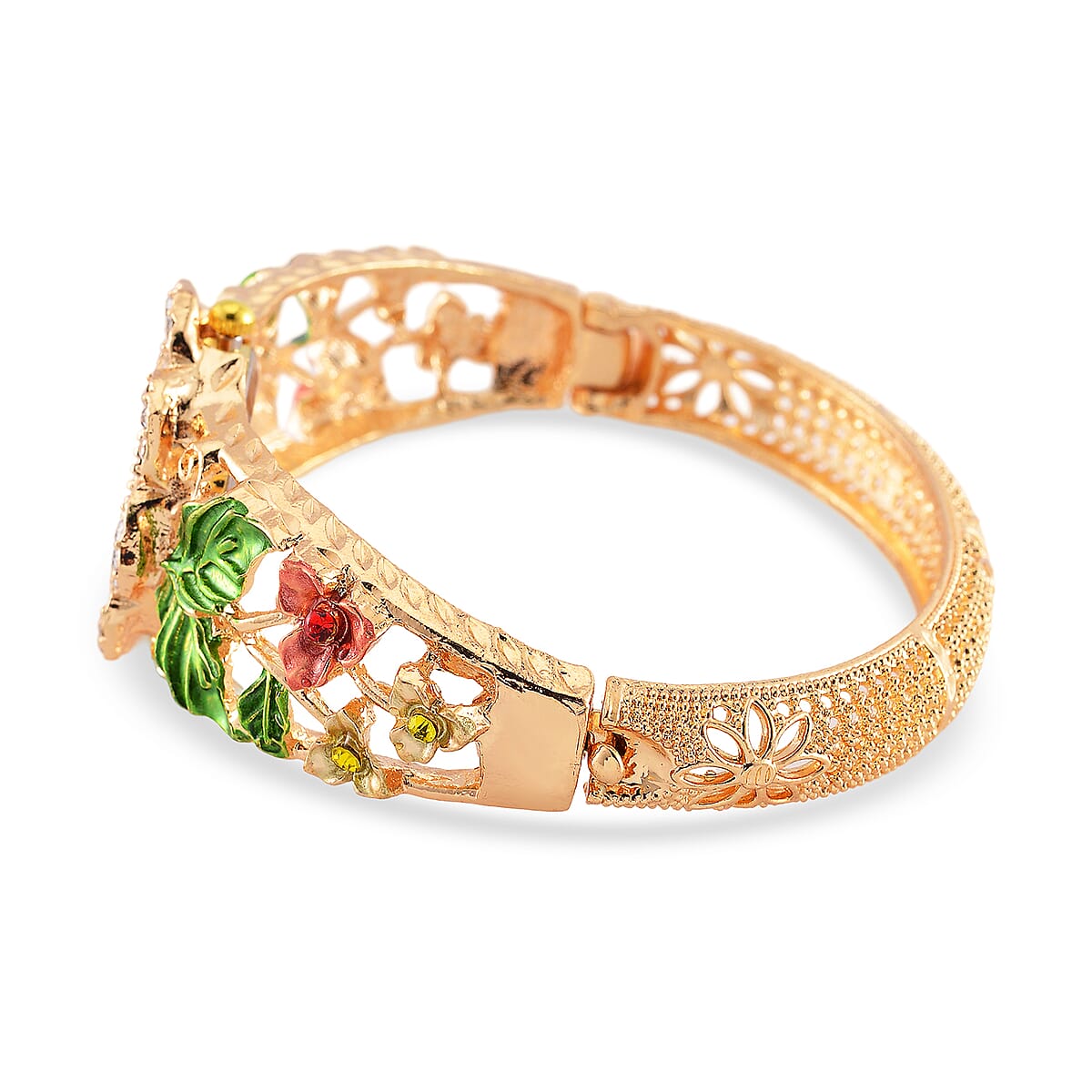 Strada Multi Color Crystal and Enameled Japanese Movement Green Floral Bangle Bracelet Watch in Goldtone image number 4
