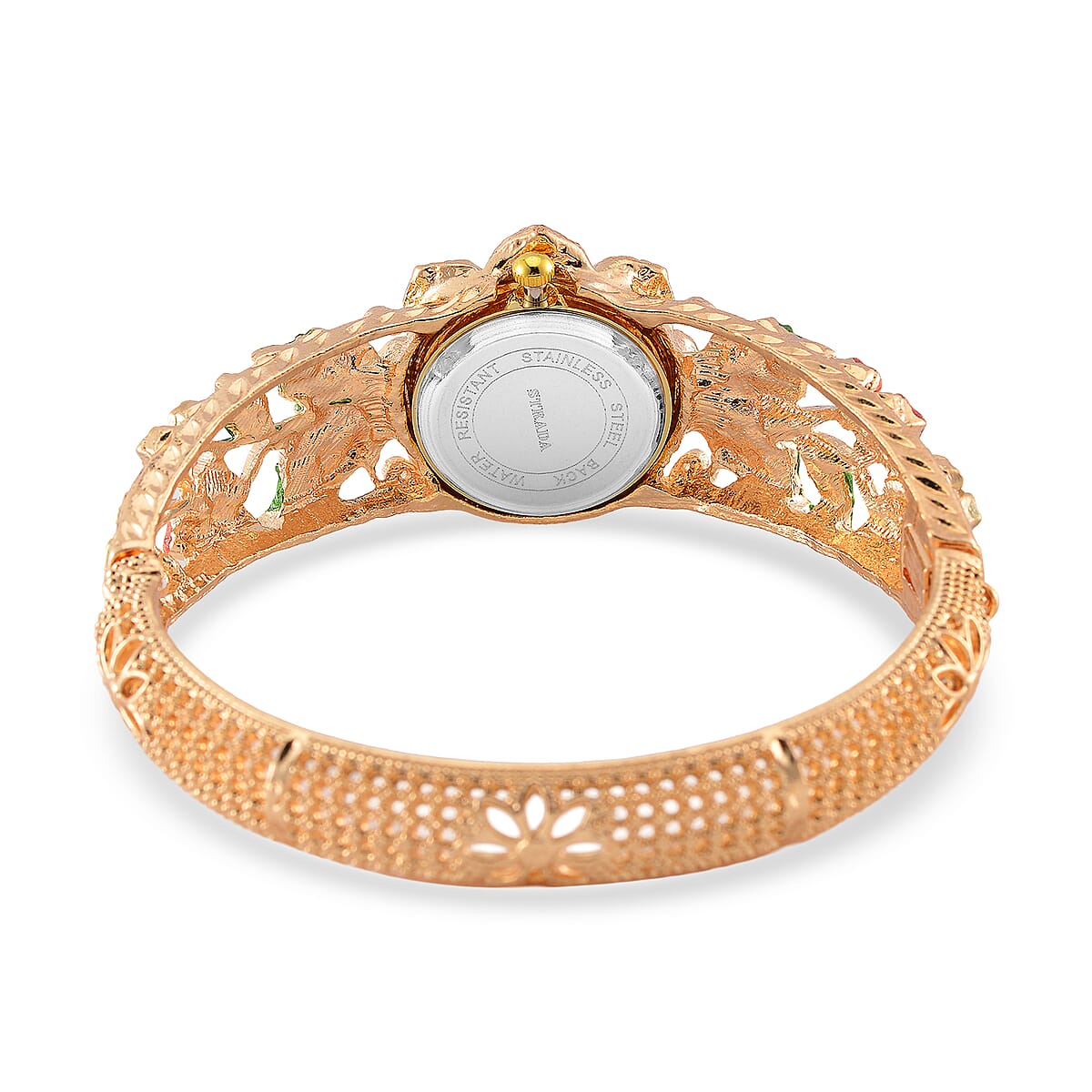 Strada Multi Color Crystal and Enameled Japanese Movement Green Floral Bangle Bracelet Watch in Goldtone image number 5