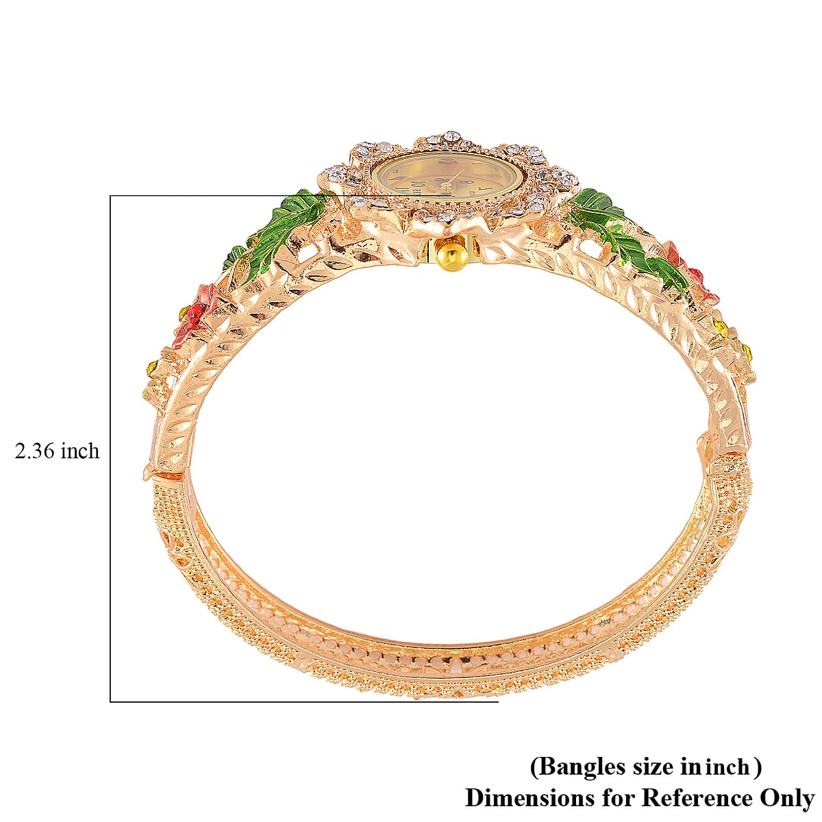 Strada Multi Color Crystal and Enameled Japanese Movement Green Floral Bangle Bracelet Watch in Goldtone image number 6