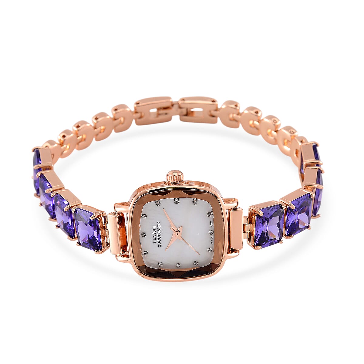 Classic Succession Austrian Crystal Miyota Japanese Movement Watch with Simulated Purple Diamond Strap in Rosetone and Stainless Steel Buckle 12.00 ctw image number 0