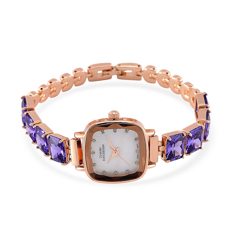 Classic Succession Austrian Crystal Miyota Japanese Movement Watch with Simulated Purple Diamond Strap in Rosetone and Stainless Steel Buckle 12.00 ctw