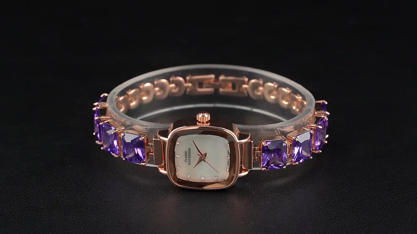 Classic Succession Austrian Crystal Miyota Japanese Movement Watch with Simulated Purple Diamond Strap in Rosetone and Stainless Steel Buckle 12.00 ctw