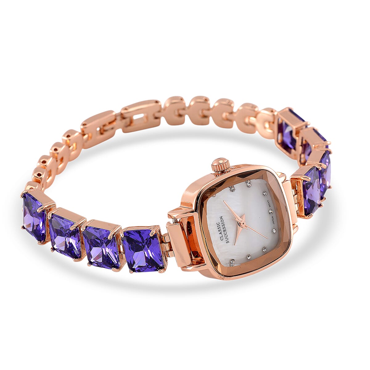 Classic Succession Austrian Crystal Miyota Japanese Movement Watch with Simulated Purple Diamond Strap in Rosetone and Stainless Steel Buckle 12.00 ctw image number 2
