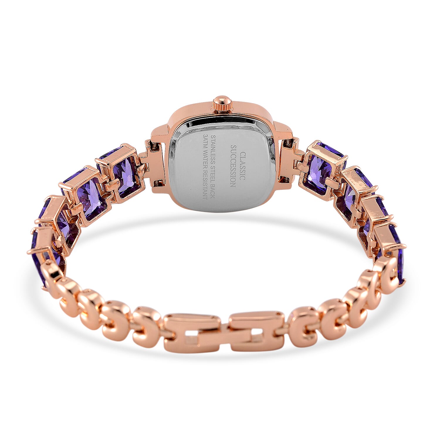 Classic Succession Austrian Crystal Miyota Japanese Movement Watch with Simulated Purple Diamond Strap in Rosetone and Stainless Steel Buckle 12.00 ctw