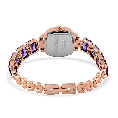 Classic Succession Austrian Crystal Miyota Japanese Movement Watch with Simulated Purple Diamond Strap in Rosetone and Stainless Steel Buckle 12.00 ctw