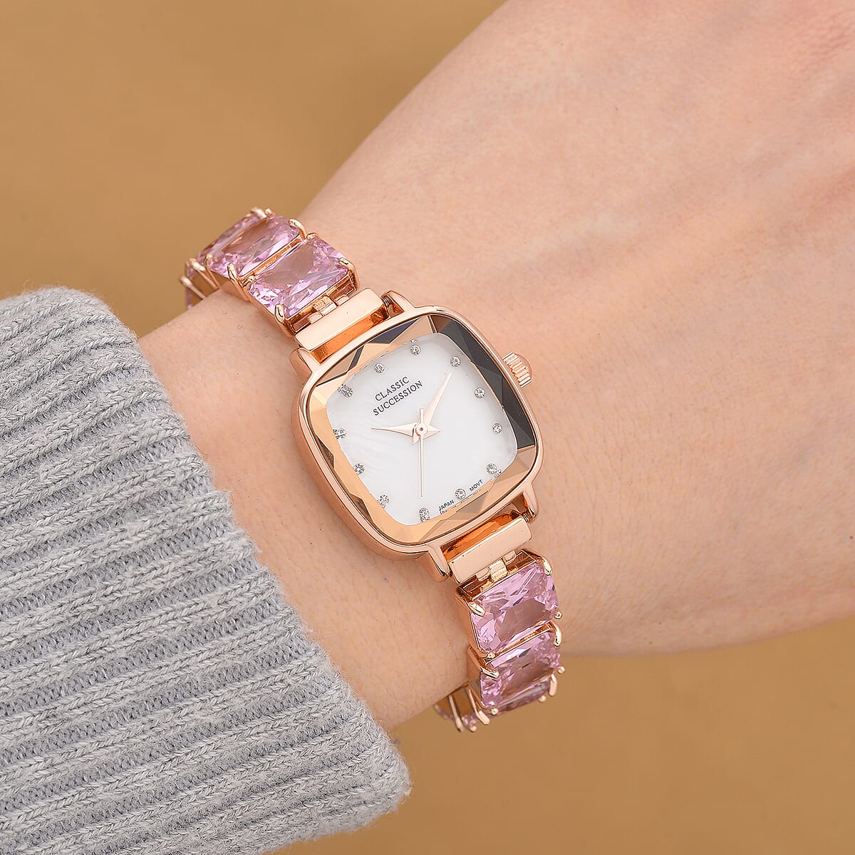 Classic Succession Austrian Crystal Miyota Japanese Movement Watch with Simulated Pink Diamond Strap in Rosetone and Stainless Steel Buckle 12.00 ctw image number 1