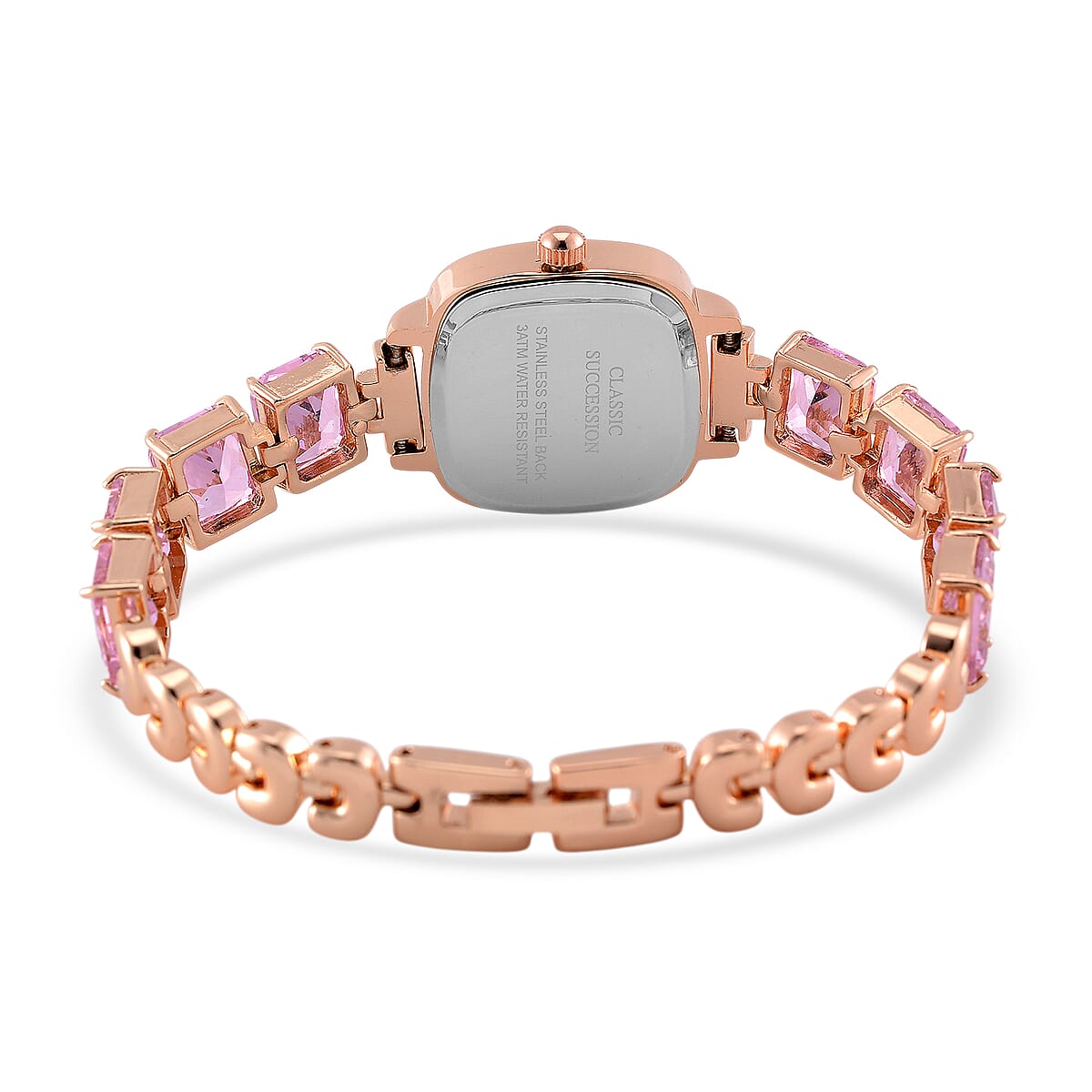 Classic Succession Austrian Crystal Miyota Japanese Movement Watch with Simulated Pink Diamond Strap in Rosetone and Stainless Steel Buckle 12.00 ctw image number 3