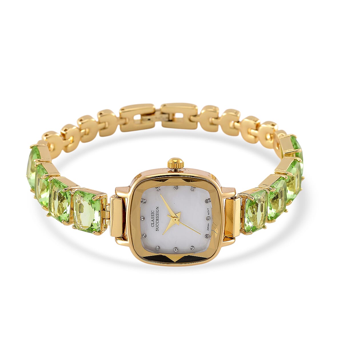 Classic Succession Austrian Crystal Miyota Japanese Movement Watch with Simulated Green Diamond Strap in Goldtone and Stainless Steel Buckle 12.00 ctw image number 0