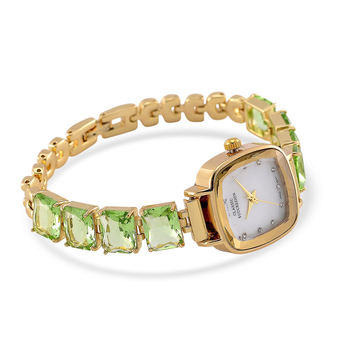 Classic Succession Austrian Crystal Miyota Japanese Movement Watch with Simulated Green Diamond Strap in Goldtone and Stainless Steel Buckle 12.00 ctw image number 2