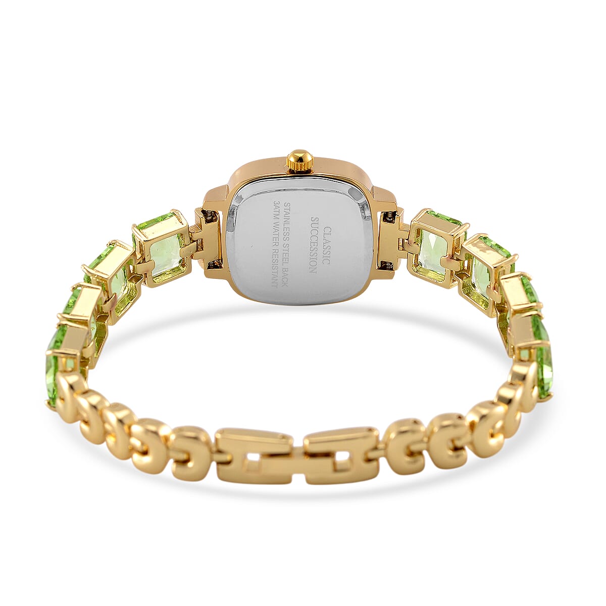 Classic Succession Austrian Crystal Miyota Japanese Movement Watch with Simulated Green Diamond Strap in Goldtone and Stainless Steel Buckle 12.00 ctw image number 3