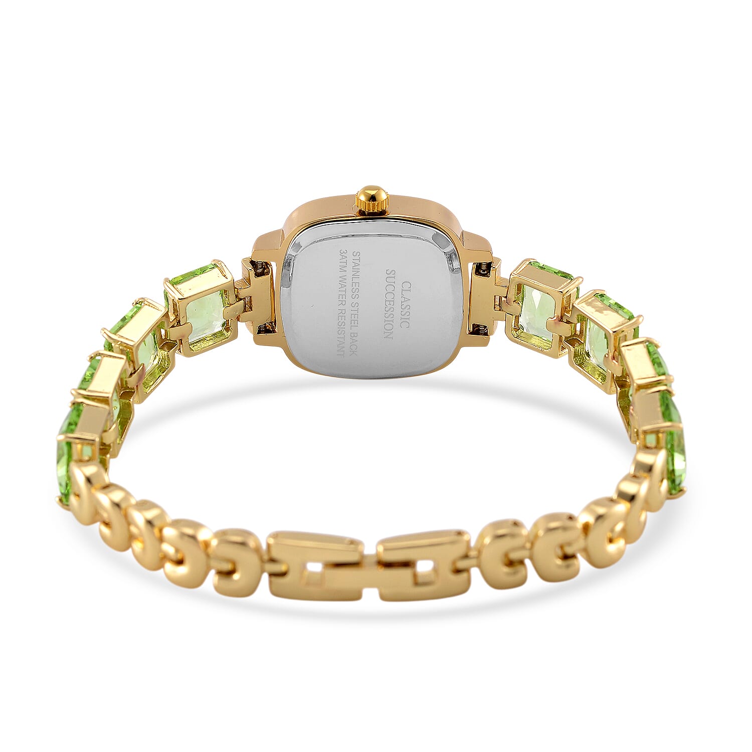 Classic Succession Austrian Crystal Miyota Japanese Movement Watch with Simulated Green Diamond Strap in Goldtone and Stainless Steel Buckle 12.00 ctw