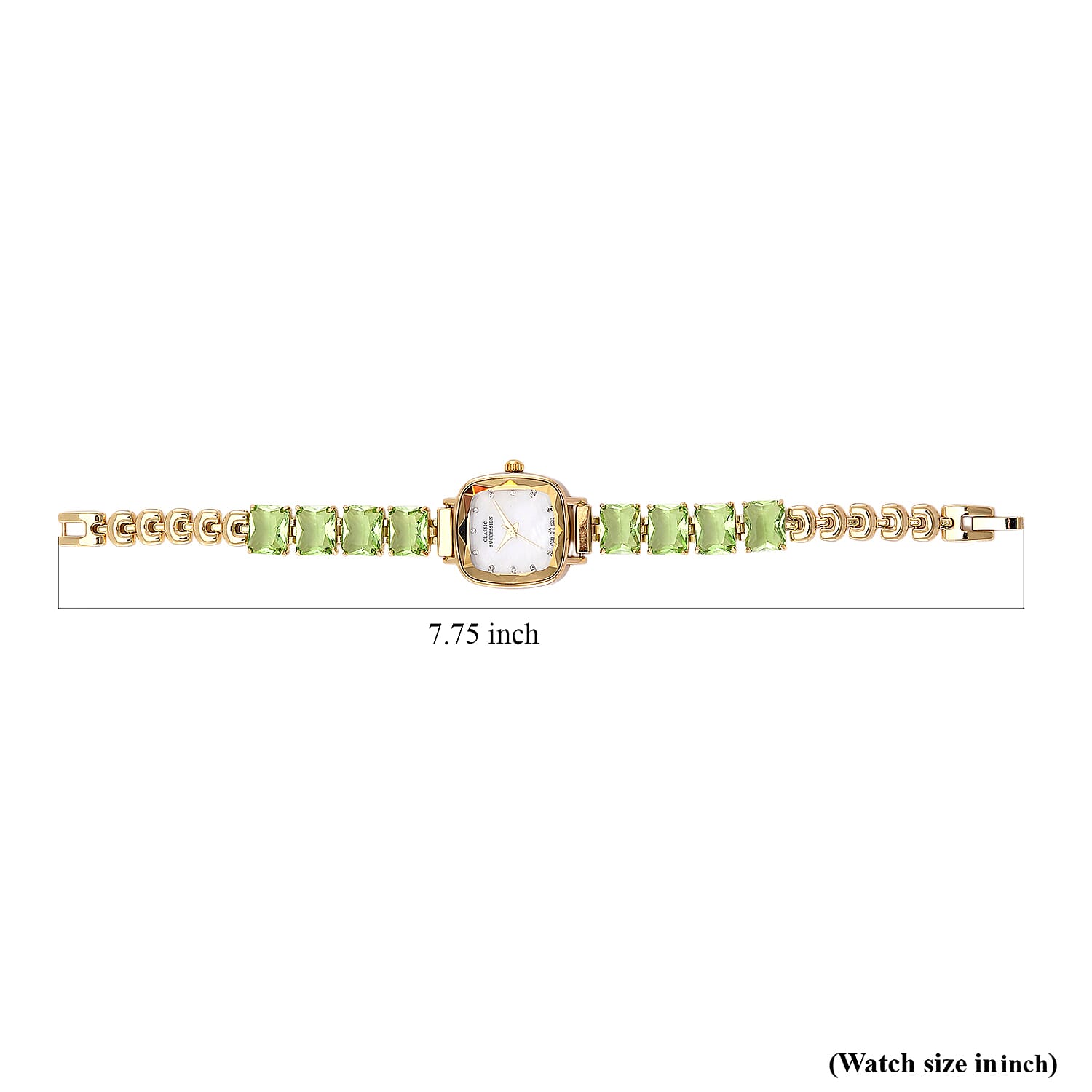 Classic Succession Austrian Crystal Miyota Japanese Movement Watch with Simulated Green Diamond Strap in Goldtone and Stainless Steel Buckle 12.00 ctw