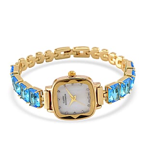 Classic Succession Austrian Crystal Miyota Japanese Movement Watch with Simulated Blue Diamond Strap in Goldtone and Stainless Steel Buckle 12.00 ctw