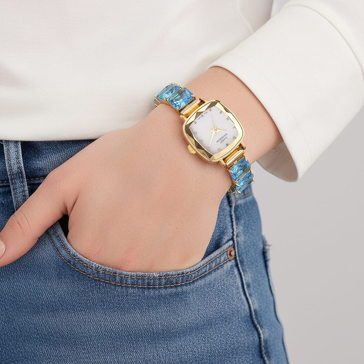 Classic Succession Austrian Crystal Miyota Japanese Movement Watch with Simulated Blue Diamond Strap in Goldtone and Stainless Steel Buckle 12.00 ctw image number 2