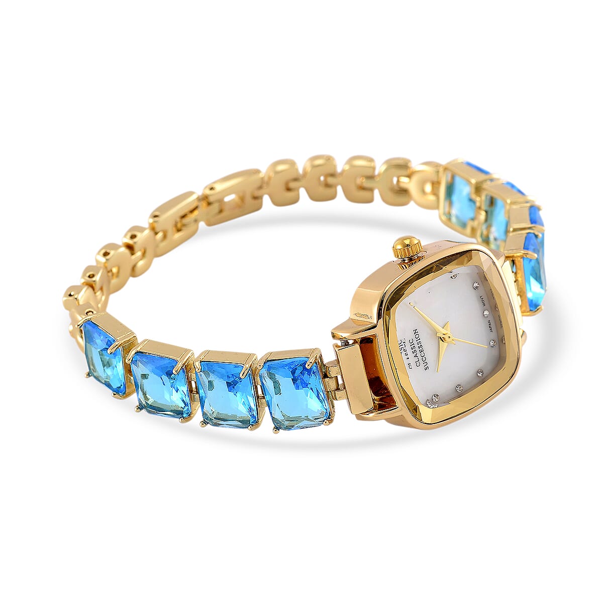 Classic Succession Austrian Crystal Miyota Japanese Movement Watch with Simulated Blue Diamond Strap in Goldtone and Stainless Steel Buckle 12.00 ctw image number 3