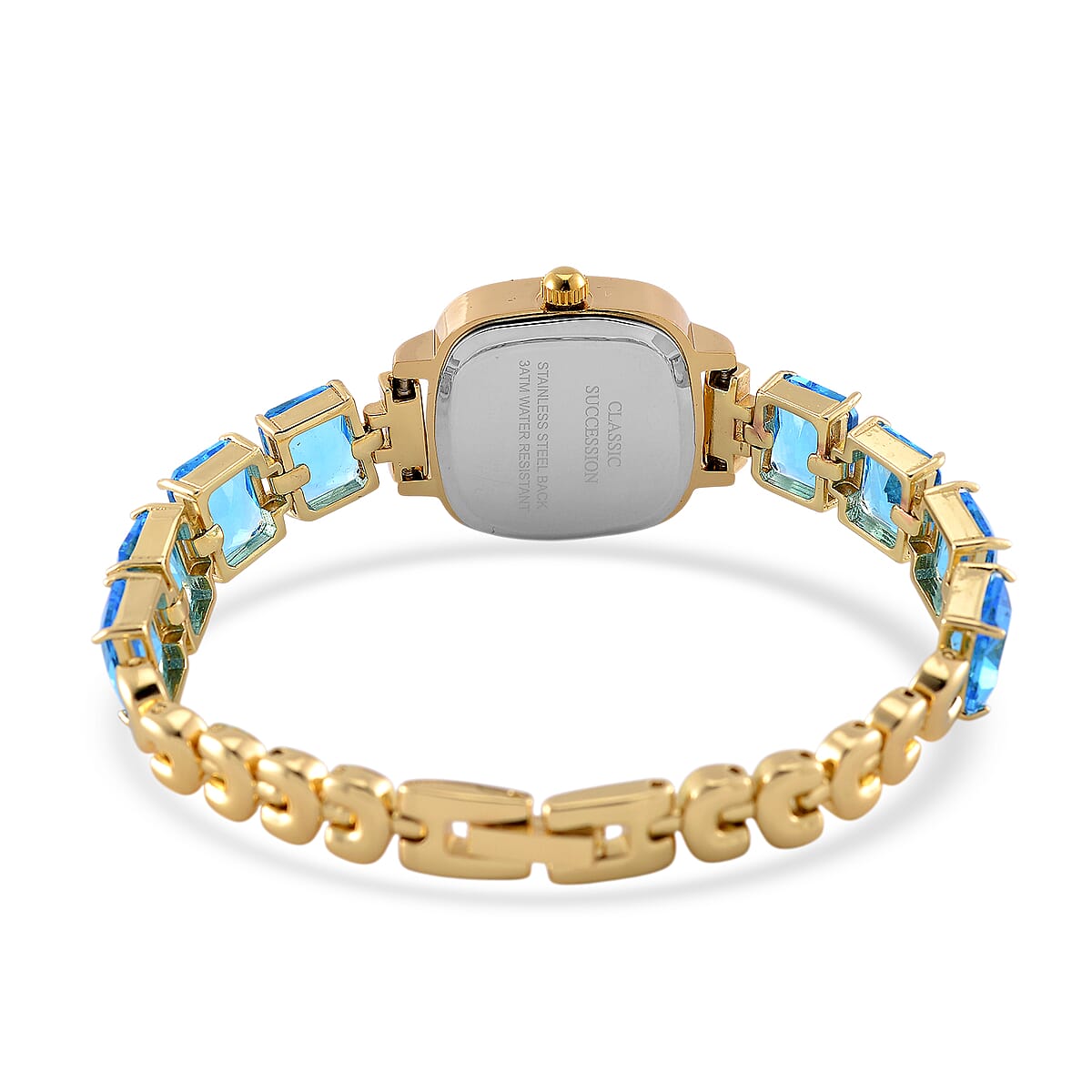 Classic Succession Austrian Crystal Miyota Japanese Movement Watch with Simulated Blue Diamond Strap in Goldtone and Stainless Steel Buckle 12.00 ctw image number 4