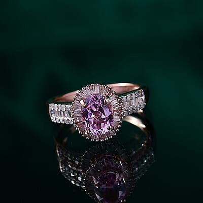 D'Joy Premium Martha Rocha Kunzite and Diamond 2.00 ctw Vintage Halo Ring in 18K Vermeil Rose Gold Over Sterling Silver (Size 10.0)