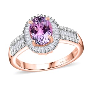 Premium Martha Rocha Kunzite and Diamond 2.00 ctw Vintage Halo Ring in 18K Vermeil Rose Gold Over Sterling Silver (Size 7.0)