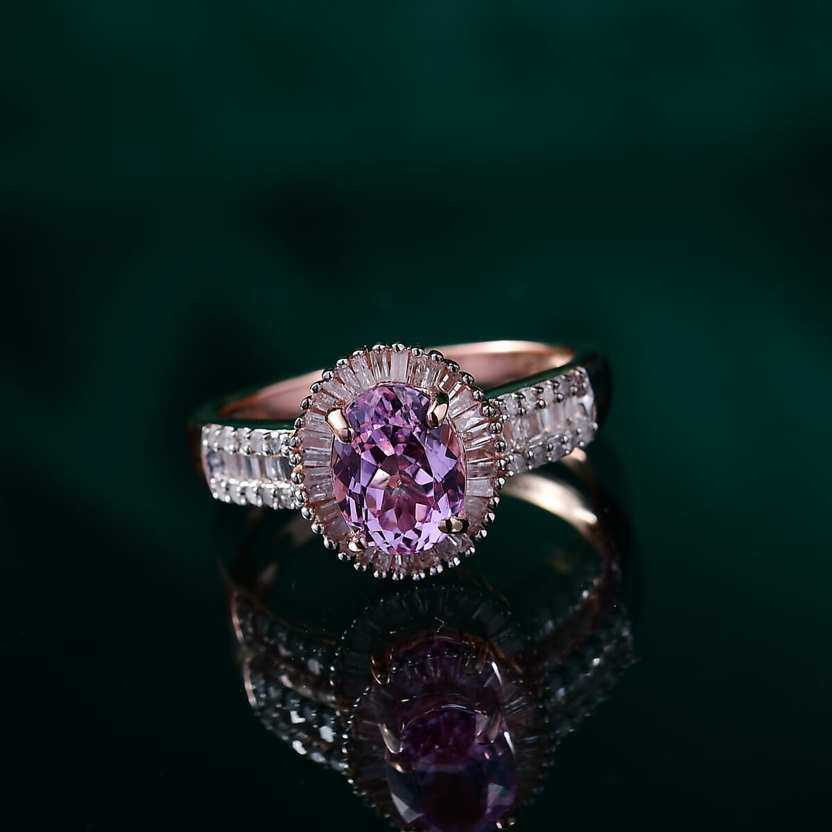 Premium Martha Rocha Kunzite and Diamond 2.00 ctw Vintage Halo Ring in 18K Vermeil Rose Gold Over Sterling Silver (Size 7.0) image number 1