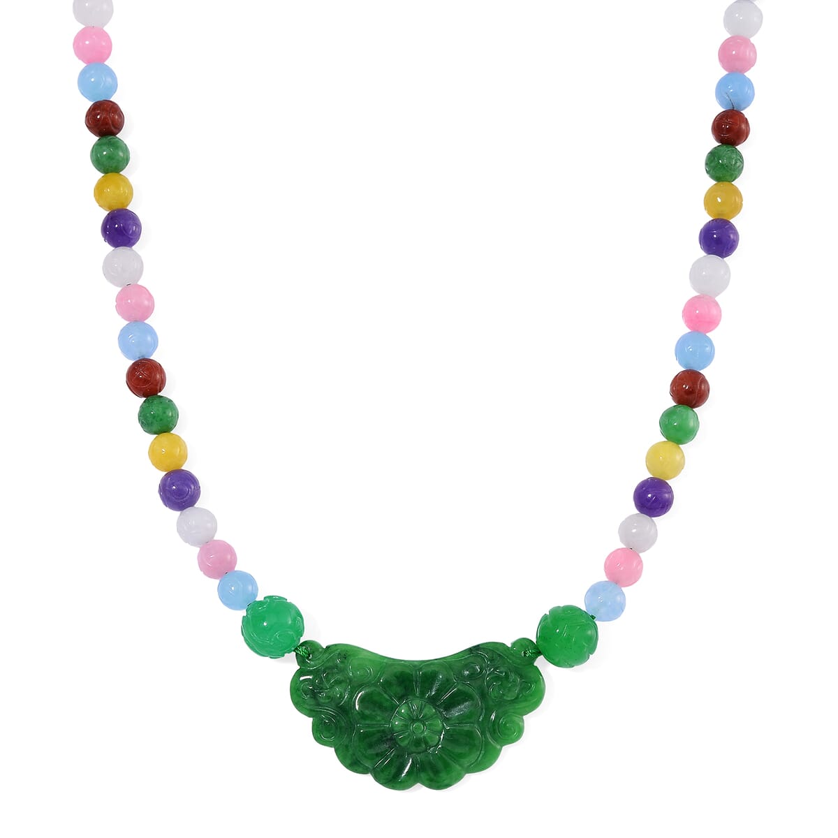 Green Jade Carved Flower and Multi Jade Beaded Necklace (20 Inches) in Rhodium Over Sterling Silver 340.00 ctw image number 0