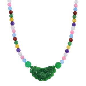 Green Jade Carved Flower and Multi Jade (D) 340.00 ctw Beaded Necklace in Rhodium Over Sterling Silver 20 Inches